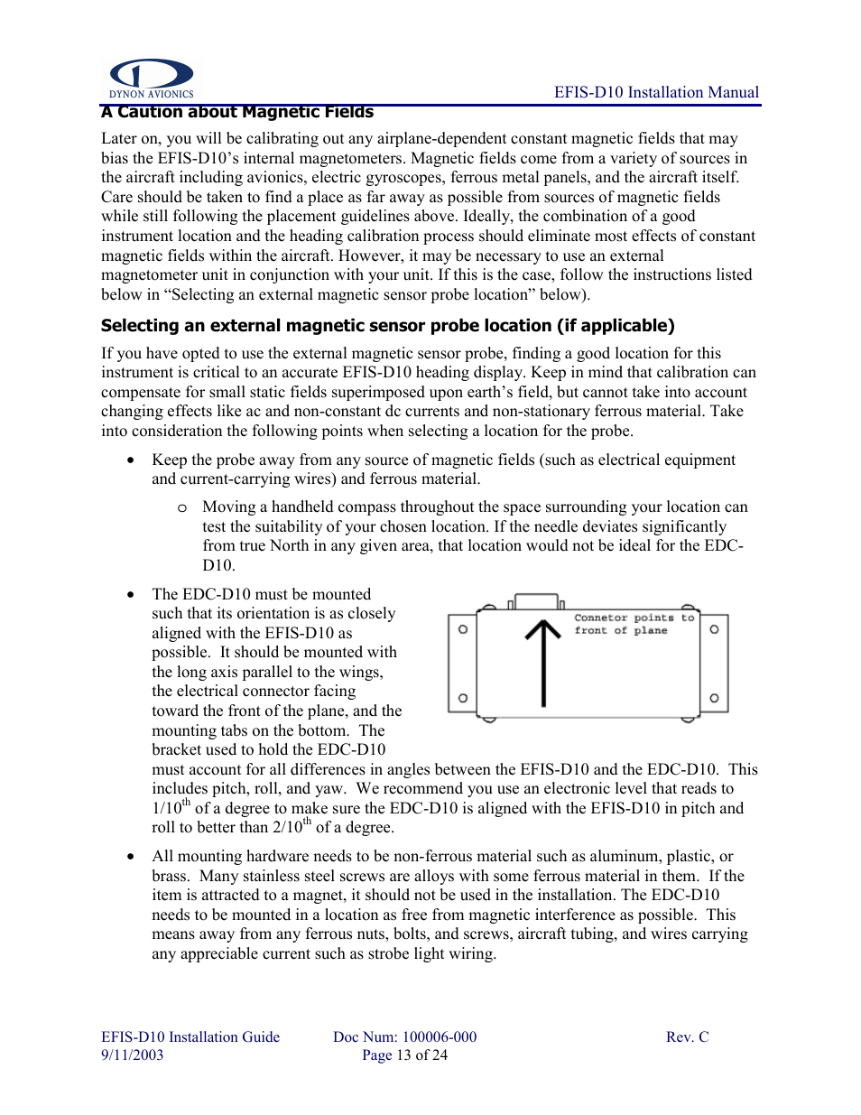 A caution about magnetic fields | Dynon Avionics EFIS-D10 Installation Guide User Manual | Page 13 / 24