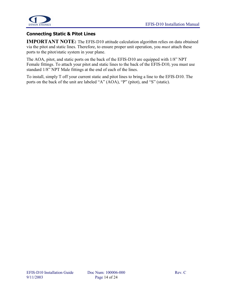 Connecting static & pitot lines | Dynon Avionics EFIS-D10 Installation Guide User Manual | Page 14 / 24