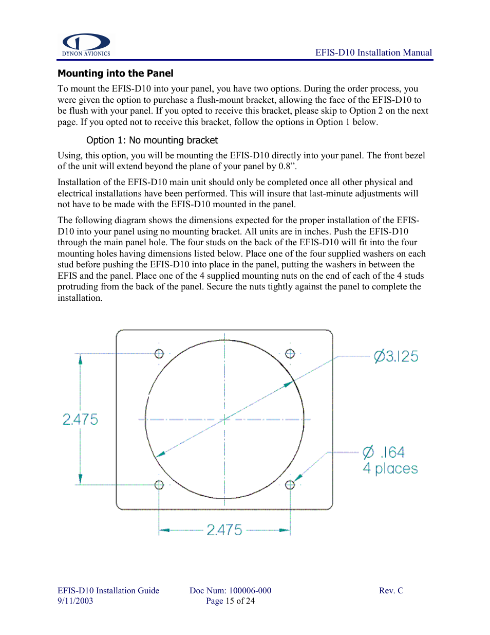 Mounting into the panel, Option 1: no mounting bracket | Dynon Avionics EFIS-D10 Installation Guide User Manual | Page 15 / 24