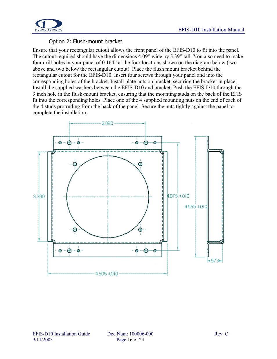 Option 2: flush-mount bracket | Dynon Avionics EFIS-D10 Installation Guide User Manual | Page 16 / 24