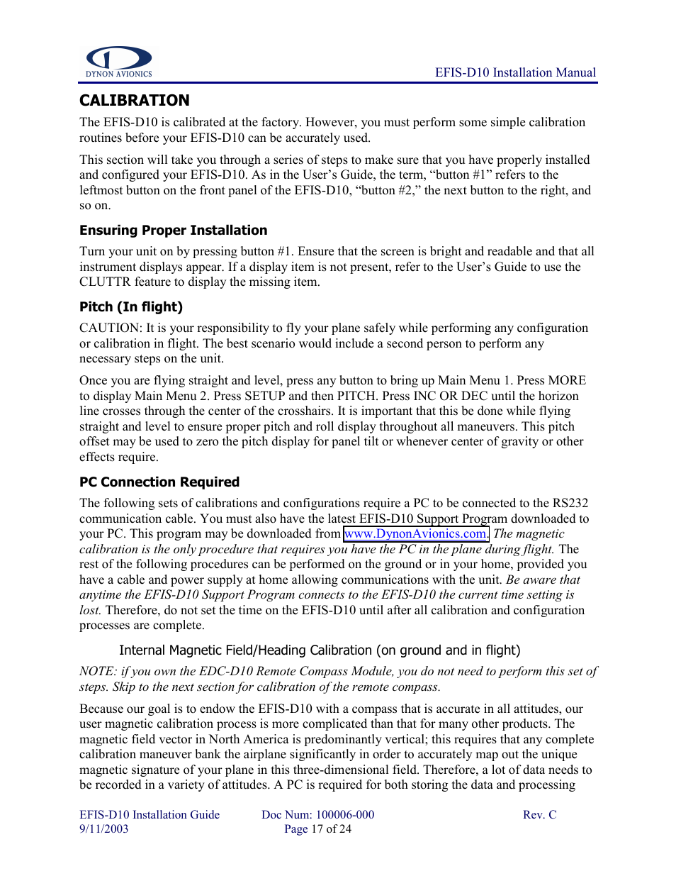 Calibration, Ensuring proper installation, Pitch (in flight) | Pc connection required | Dynon Avionics EFIS-D10 Installation Guide User Manual | Page 17 / 24