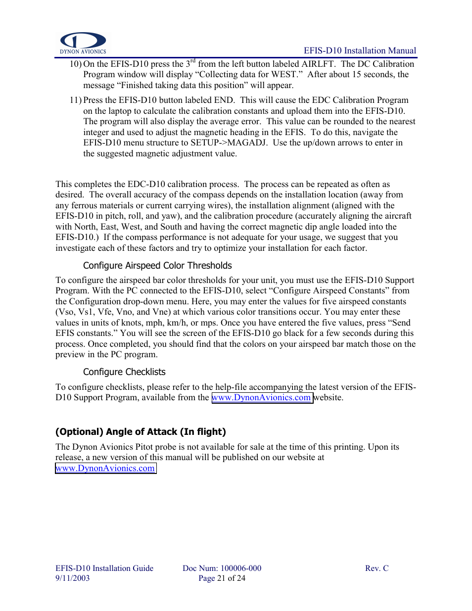 Configure airspeed color thresholds, Configure checklists, Optional) angle of attack (in flight) | Dynon Avionics EFIS-D10 Installation Guide User Manual | Page 21 / 24