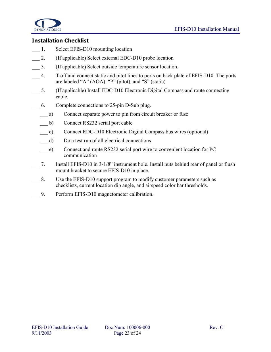 Installation checklist | Dynon Avionics EFIS-D10 Installation Guide User Manual | Page 23 / 24