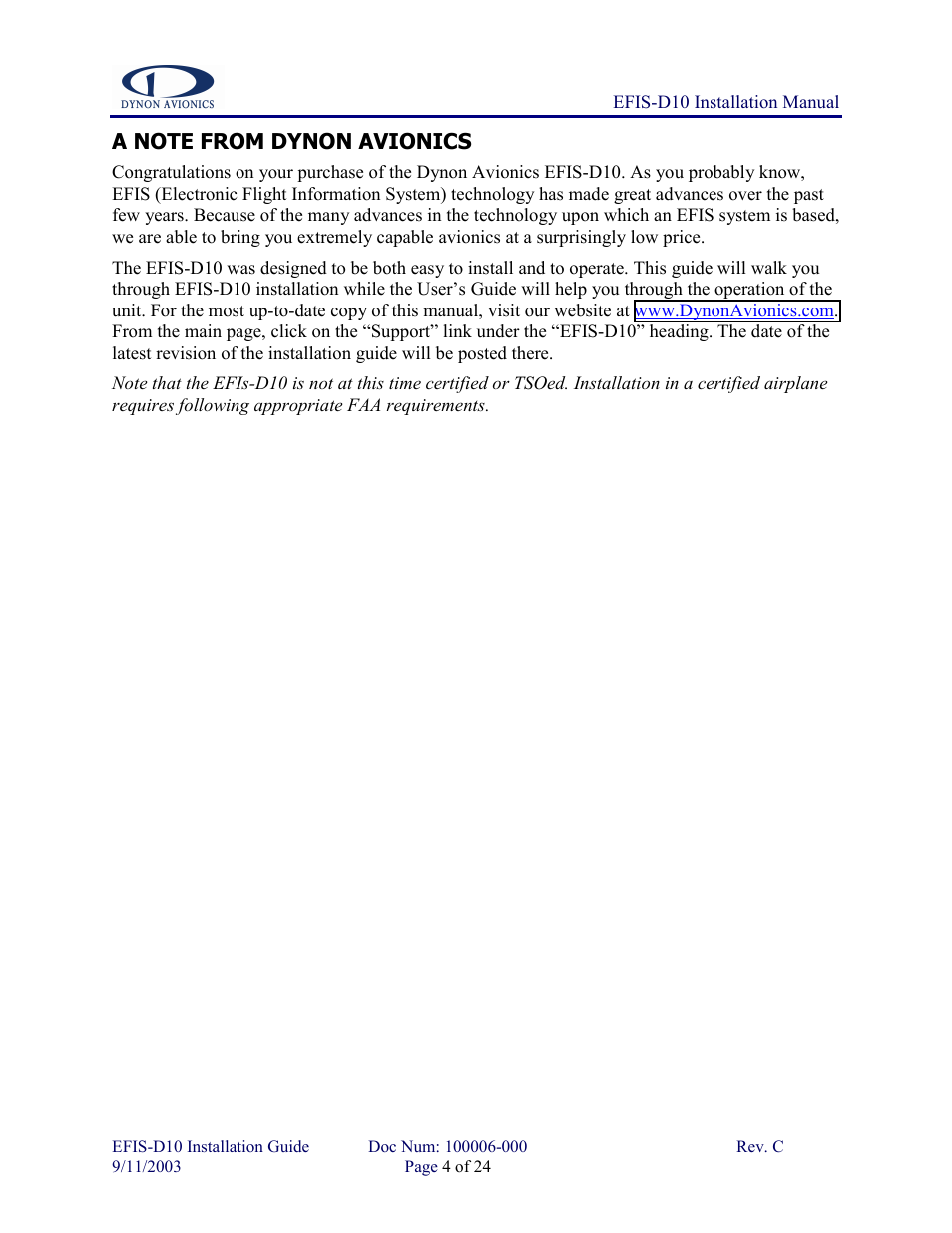 A note from dynon avionics | Dynon Avionics EFIS-D10 Installation Guide User Manual | Page 4 / 24