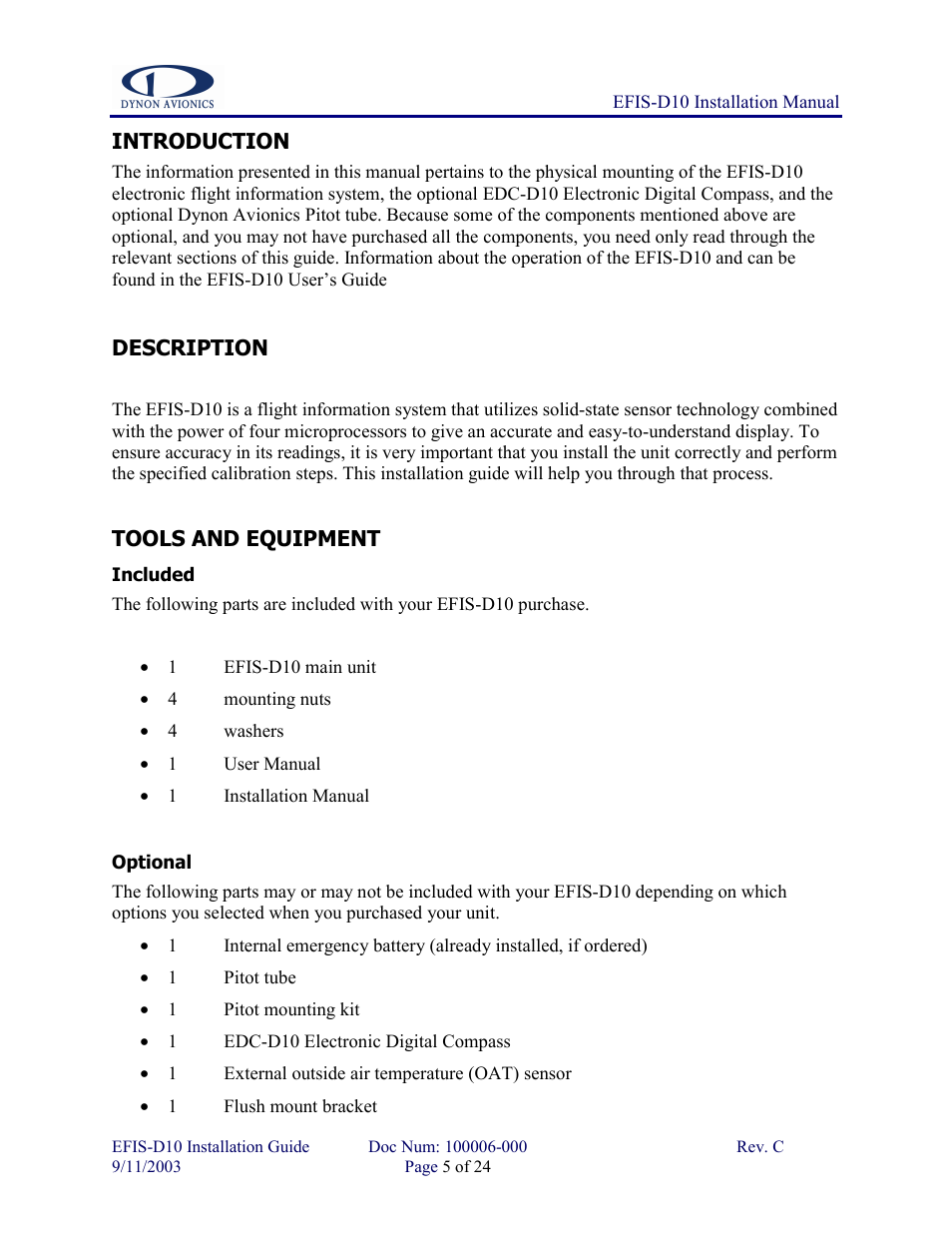 Introduction, Description, Tools and equipment | Included, Optional, Introduction description tools and equipment, Included optional | Dynon Avionics EFIS-D10 Installation Guide User Manual | Page 5 / 24