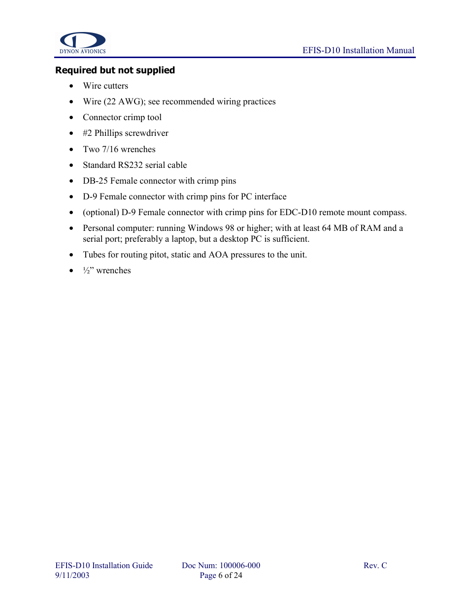 Required but not supplied | Dynon Avionics EFIS-D10 Installation Guide User Manual | Page 6 / 24