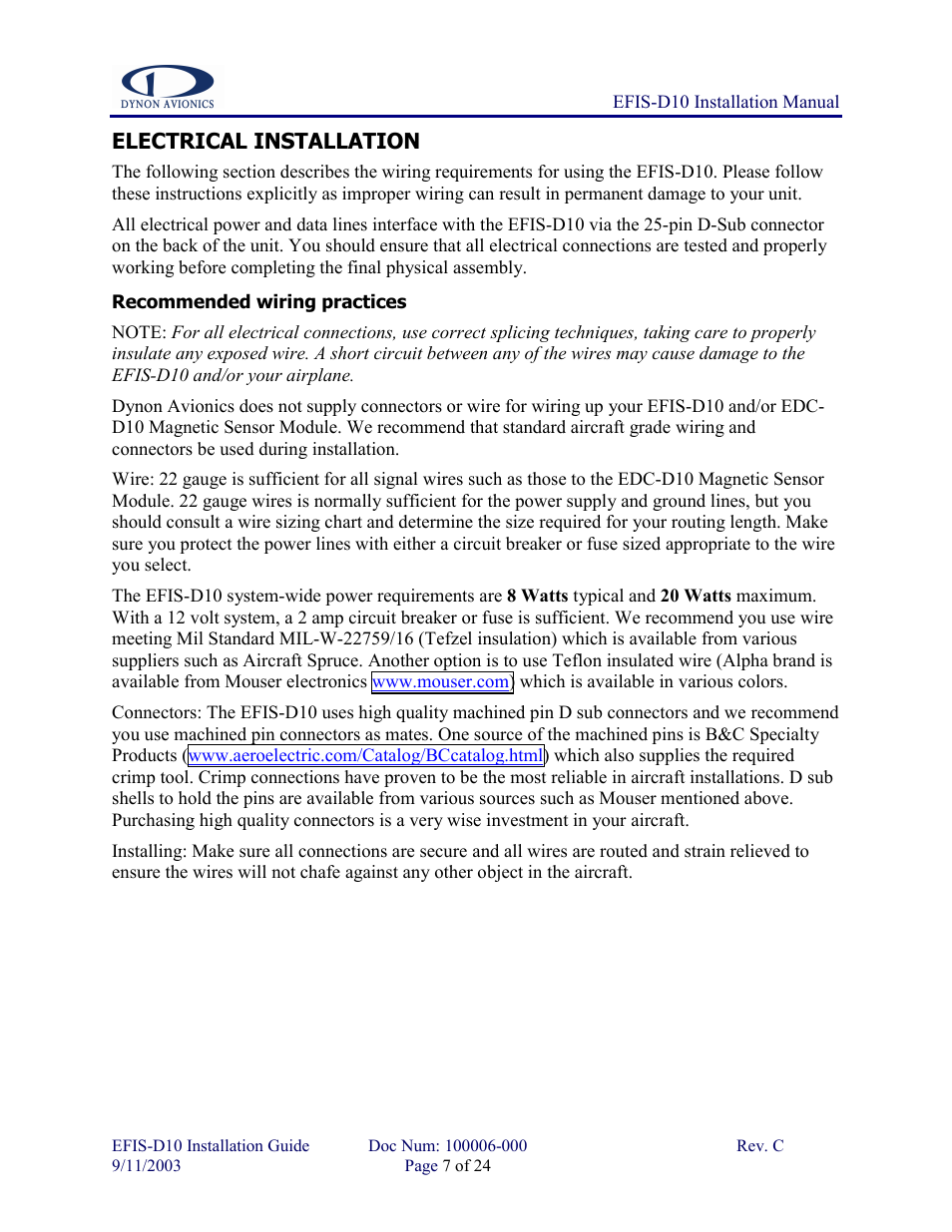 Electrical installation, Recommended wiring practices | Dynon Avionics EFIS-D10 Installation Guide User Manual | Page 7 / 24