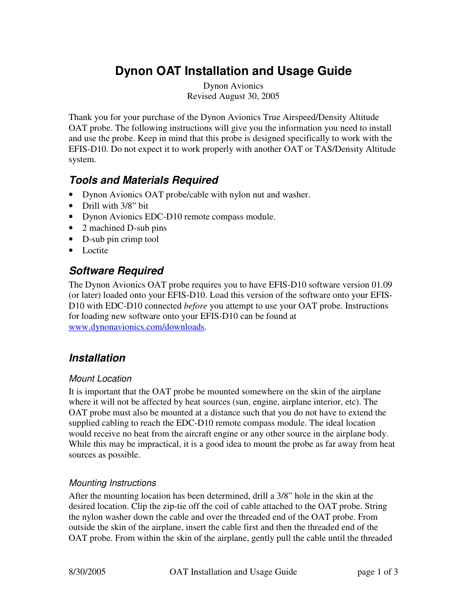 Dynon Avionics OAT User Manual | 3 pages