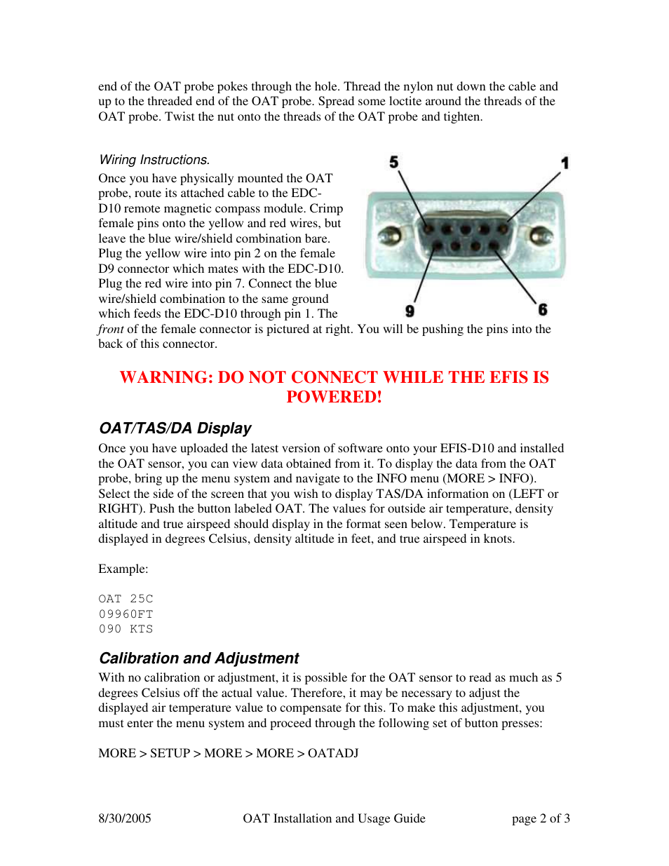 Warning: do not connect while the efis is powered | Dynon Avionics OAT User Manual | Page 2 / 3