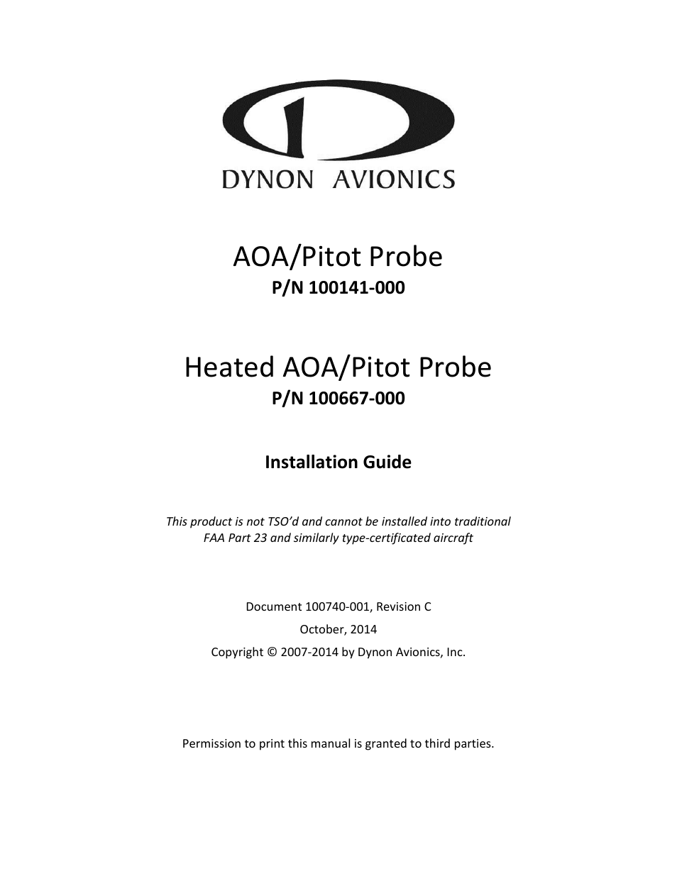 Dynon Avionics Heated AOA/Pitot Probe User Manual | 29 pages