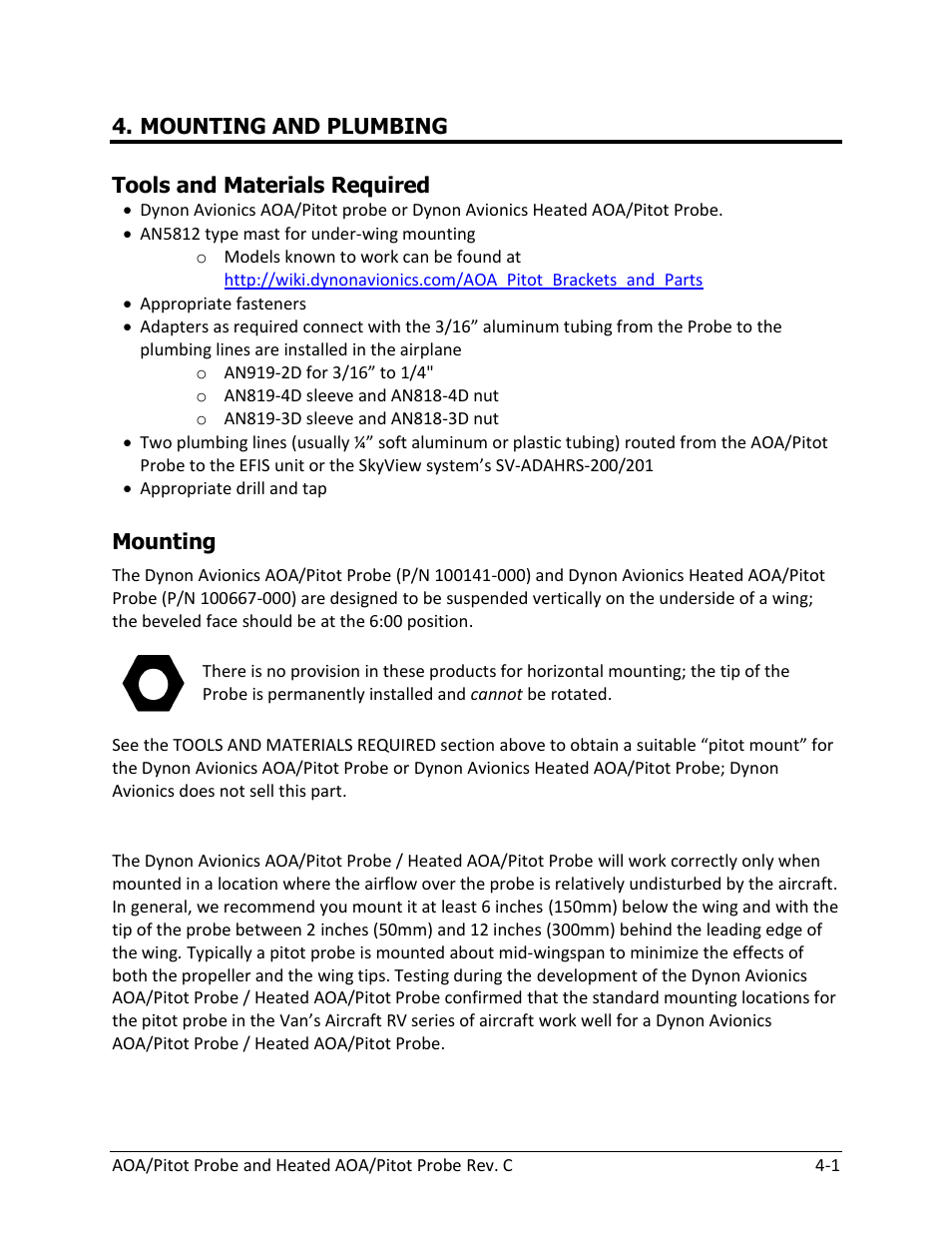 Mounting and plumbing, Tools and materials required -1, Mounting -1 | Mounting location -1 | Dynon Avionics Heated AOA/Pitot Probe User Manual | Page 21 / 29