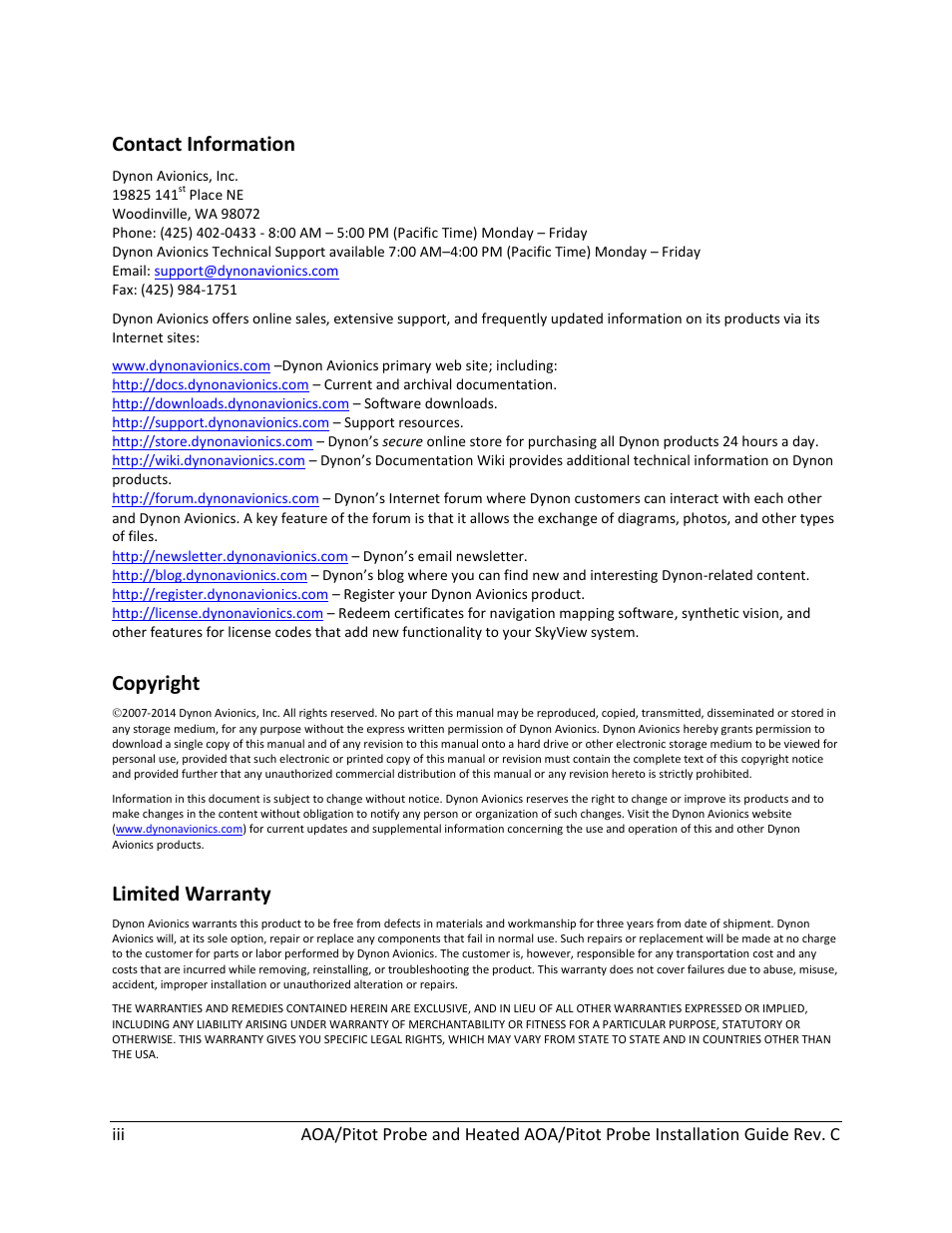 Contact information, Copyright, Limited warranty | Dynon Avionics Heated AOA/Pitot Probe User Manual | Page 3 / 29