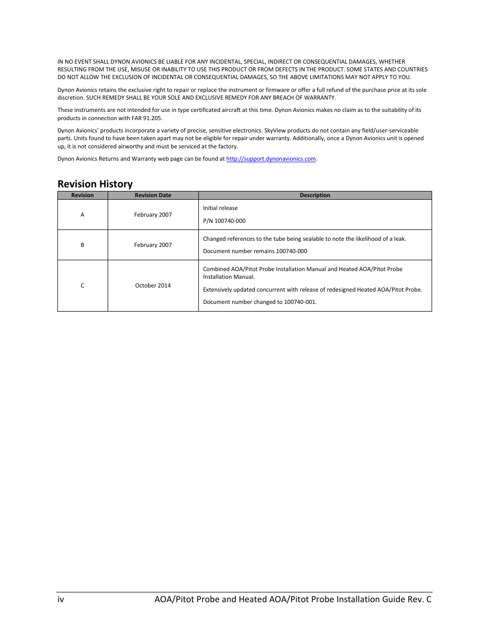 Revision history | Dynon Avionics Heated AOA/Pitot Probe User Manual | Page 4 / 29