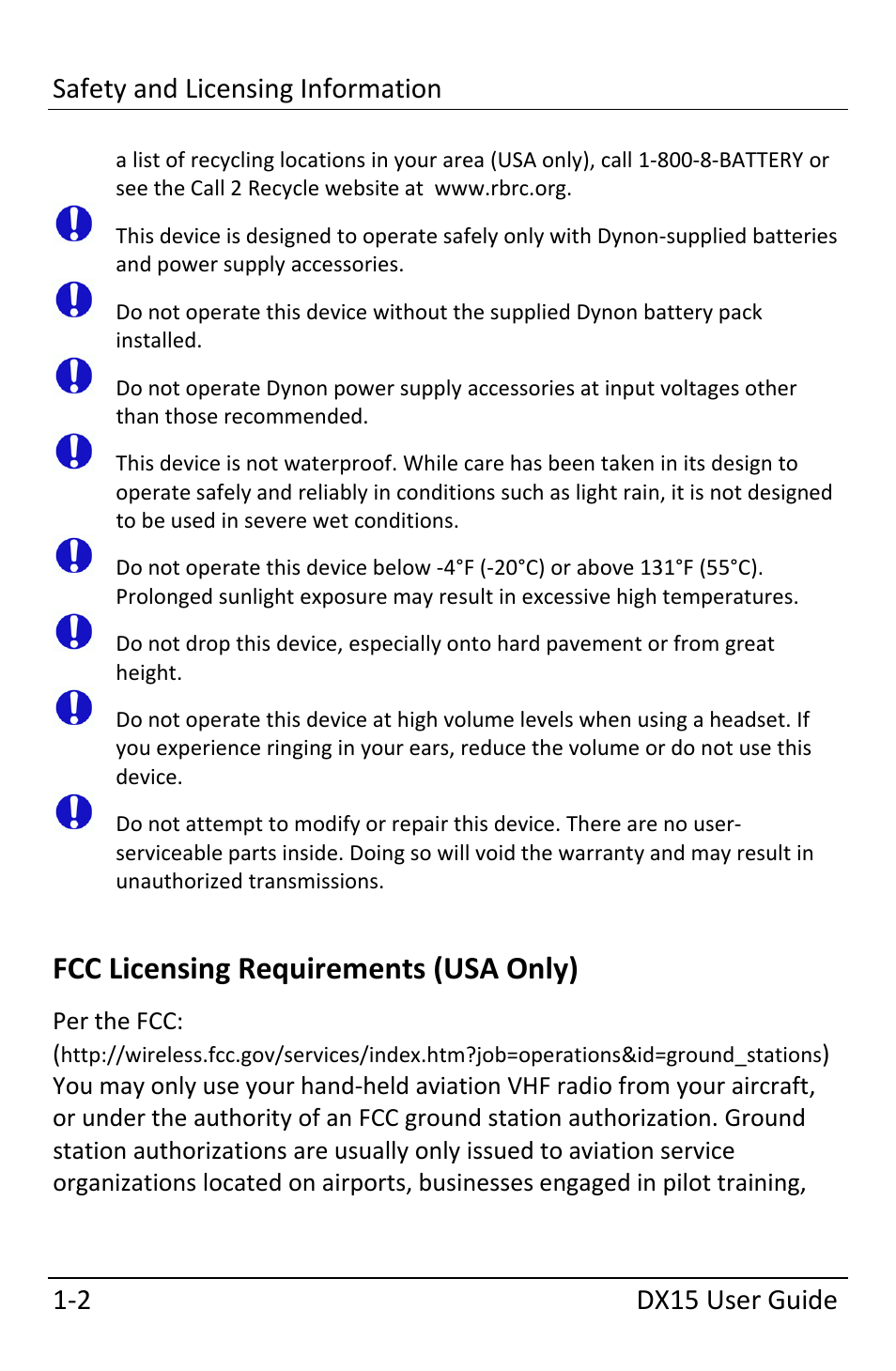 Fcc licensing requirements (usa only), Fcc licensing requirements (usa only) ‐2 | Dynon Avionics DX15 User Manual | Page 10 / 51