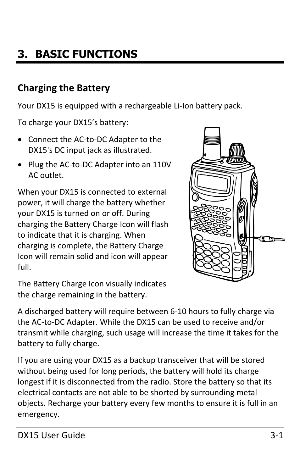 Basic functions, Charging the battery, Charging the battery ‐1 | Basic functions charging the battery | Dynon Avionics DX15 User Manual | Page 19 / 51