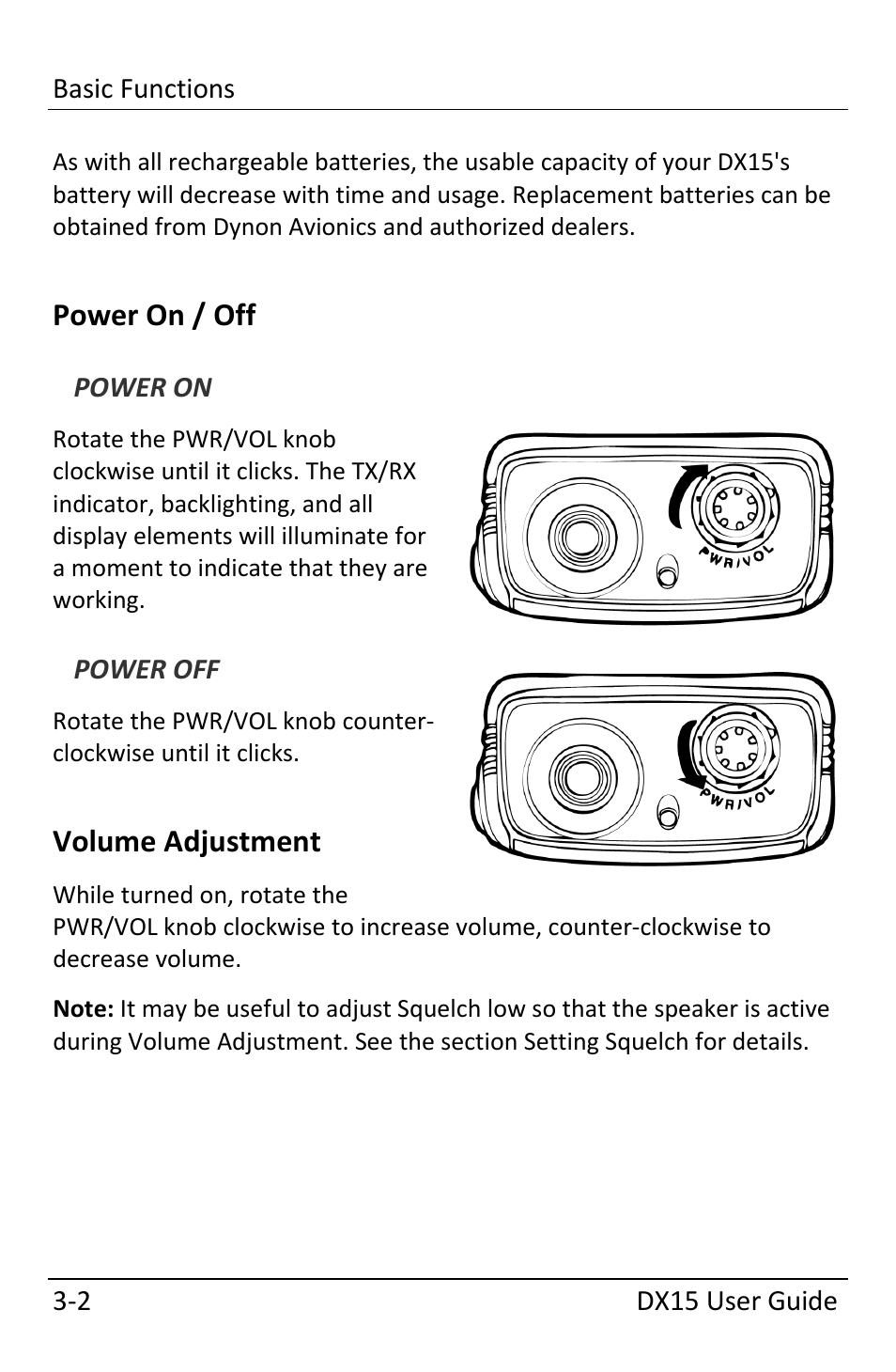 Power on / off, Power on, Power off | Volume adjustment, Power on / off ‐2, Volume adjustment ‐2 | Dynon Avionics DX15 User Manual | Page 20 / 51