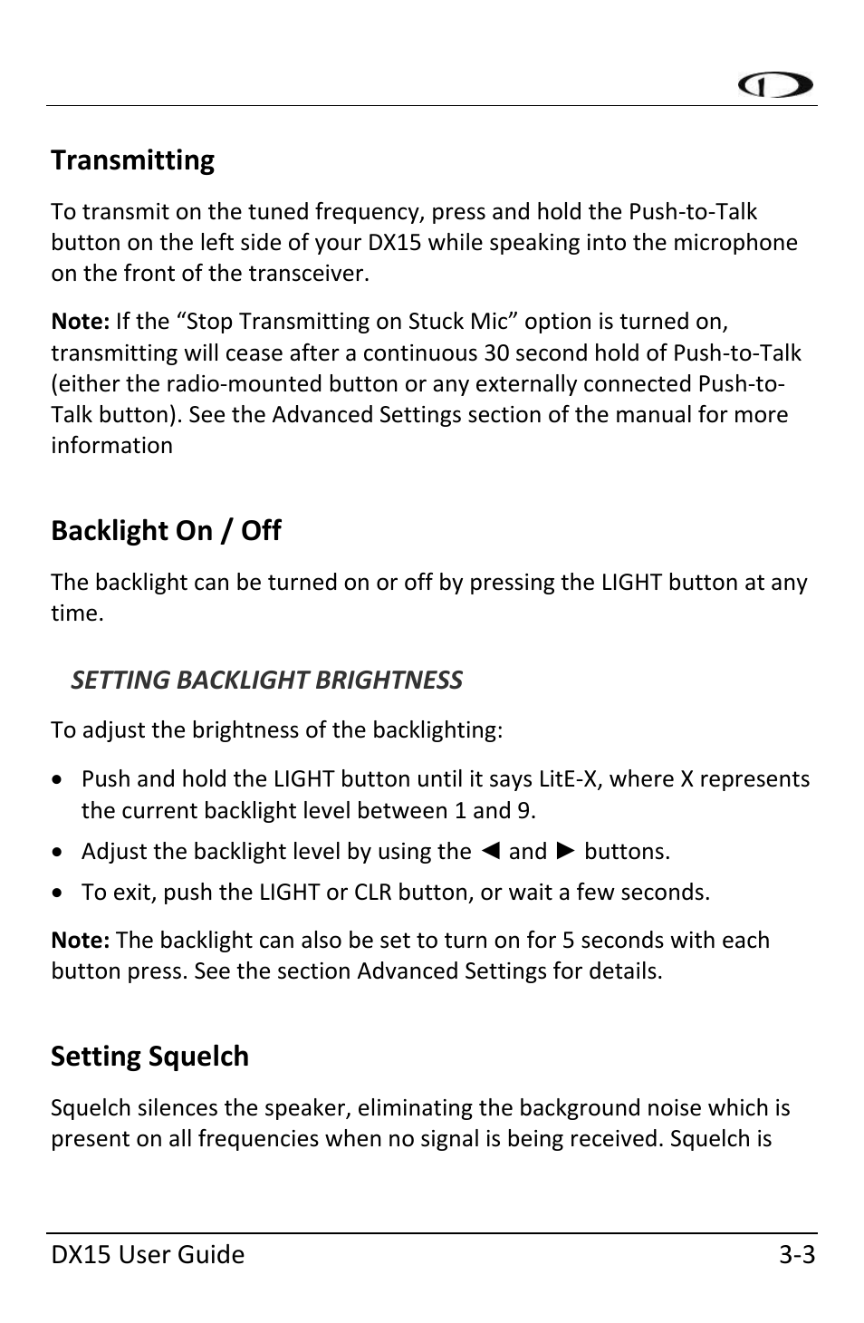 Transmitting, Backlight on / off, Setting backlight brightness | Setting squelch, Transmitting ‐3, Backlight on / off ‐3, Setting squelch ‐3 | Dynon Avionics DX15 User Manual | Page 21 / 51