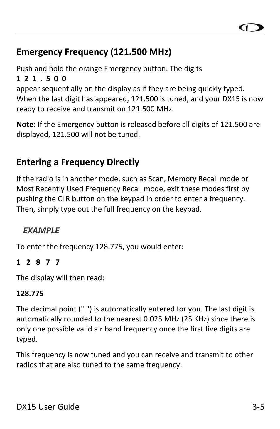 Emergency frequency (121.500 mhz), Entering a frequency directly, Example | Emergency frequency (121.500 mhz) ‐5, Entering a frequency directly ‐5 | Dynon Avionics DX15 User Manual | Page 23 / 51