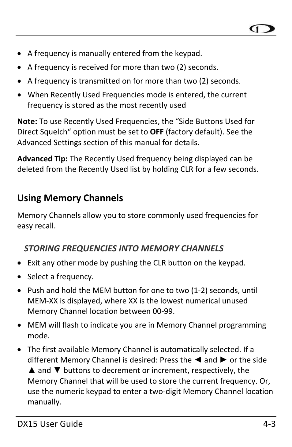 Using memory channels, Storing frequencies into memory channels, Using memory channels ‐3 | Dynon Avionics DX15 User Manual | Page 27 / 51