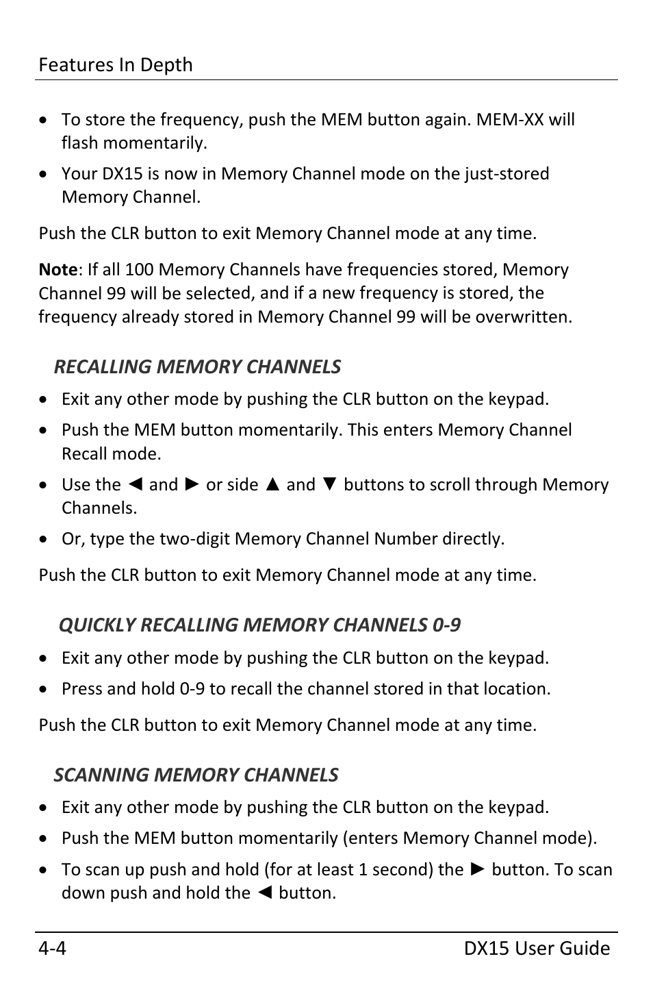 Recalling memory channels, Quickly recalling memory channels 0-9, Scanning memory channels | Dynon Avionics DX15 User Manual | Page 28 / 51
