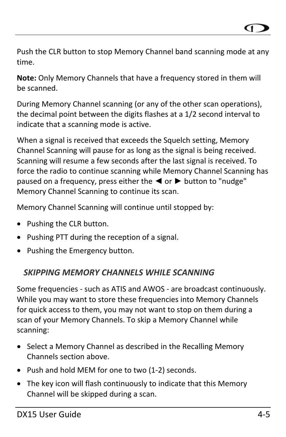Skipping memory channels while scanning | Dynon Avionics DX15 User Manual | Page 29 / 51