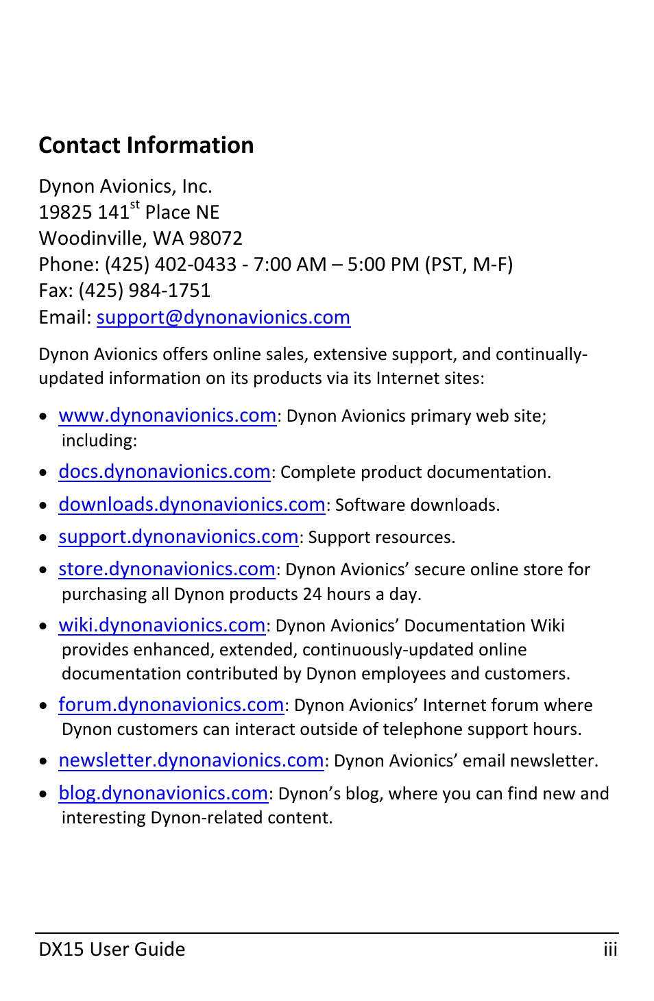 Contact information | Dynon Avionics DX15 User Manual | Page 3 / 51