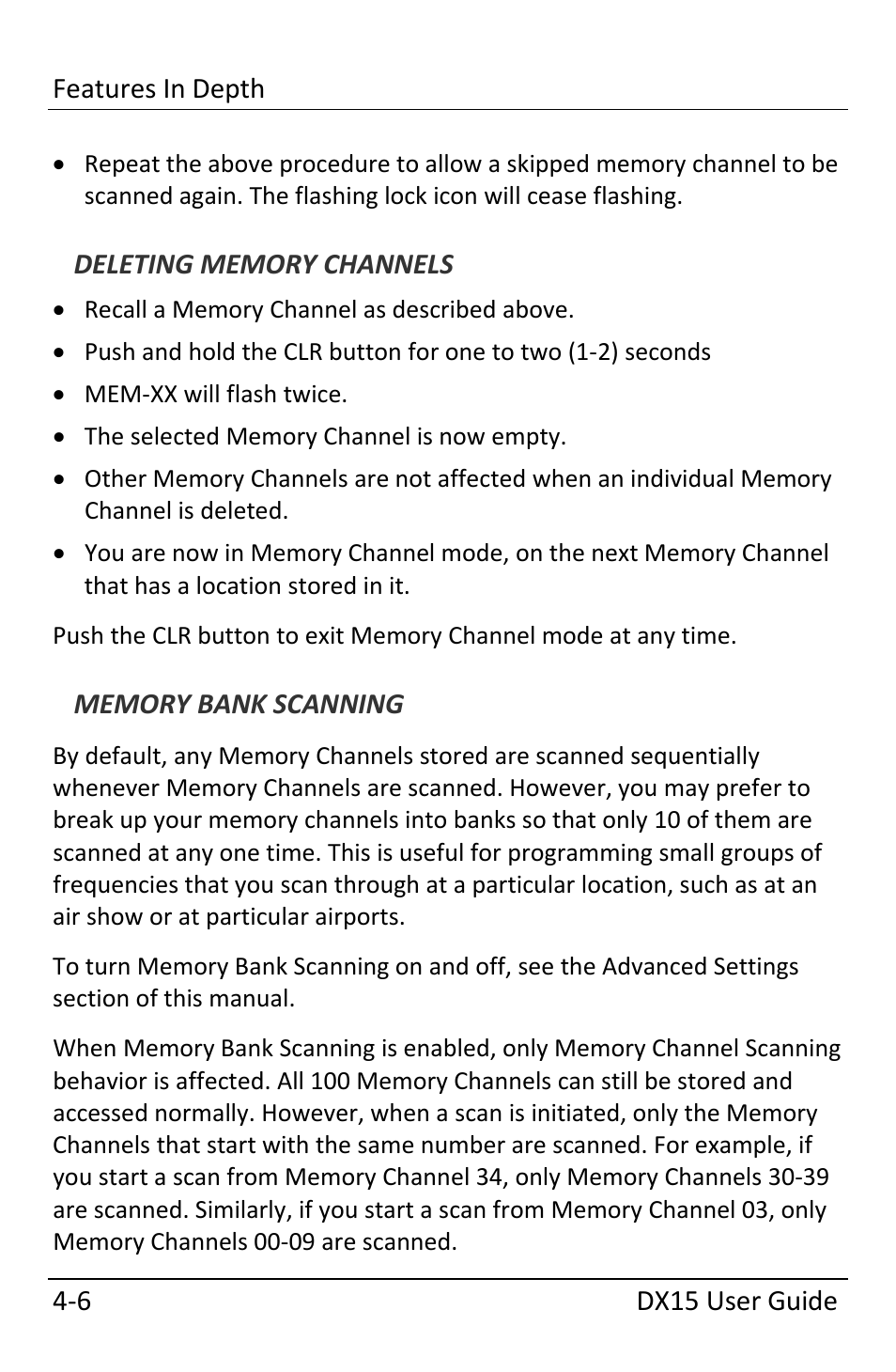 Deleting memory channels, Memory bank scanning | Dynon Avionics DX15 User Manual | Page 30 / 51