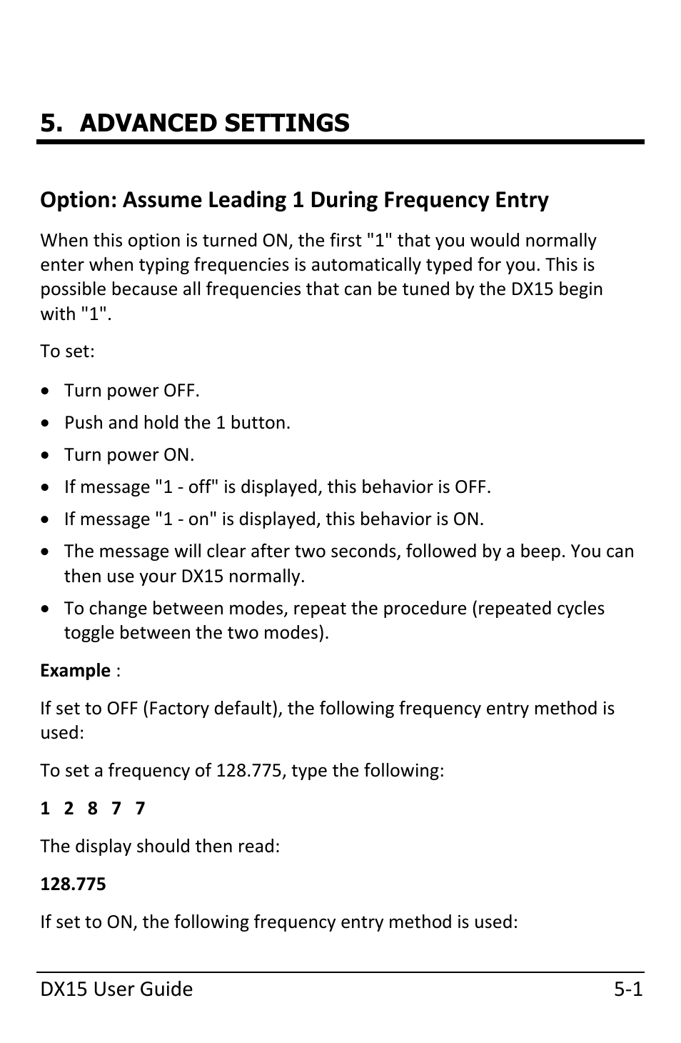 Advanced settings, Option: assume leading 1 during frequency entry, Option: assume leading 1 during frequency entry ‐1 | Dynon Avionics DX15 User Manual | Page 33 / 51