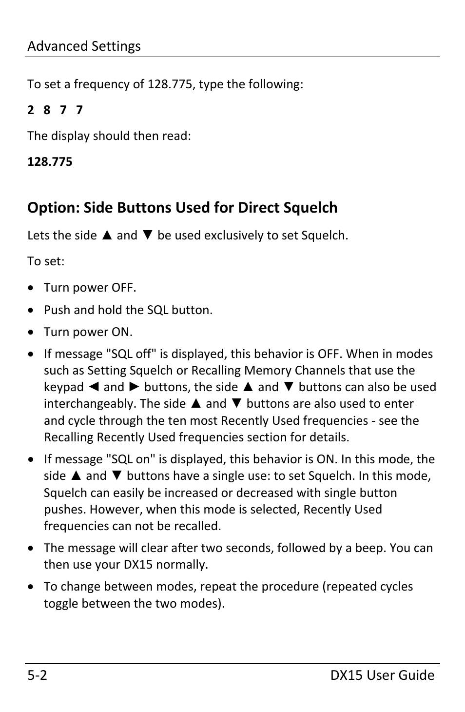 Option: side buttons used for direct squelch, Option: side buttons used for direct squelch ‐2 | Dynon Avionics DX15 User Manual | Page 34 / 51