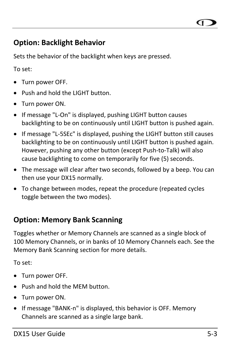 Option: backlight behavior, Option: memory bank scanning, Option: backlight behavior ‐3 | Option: memory bank scanning ‐3 | Dynon Avionics DX15 User Manual | Page 35 / 51