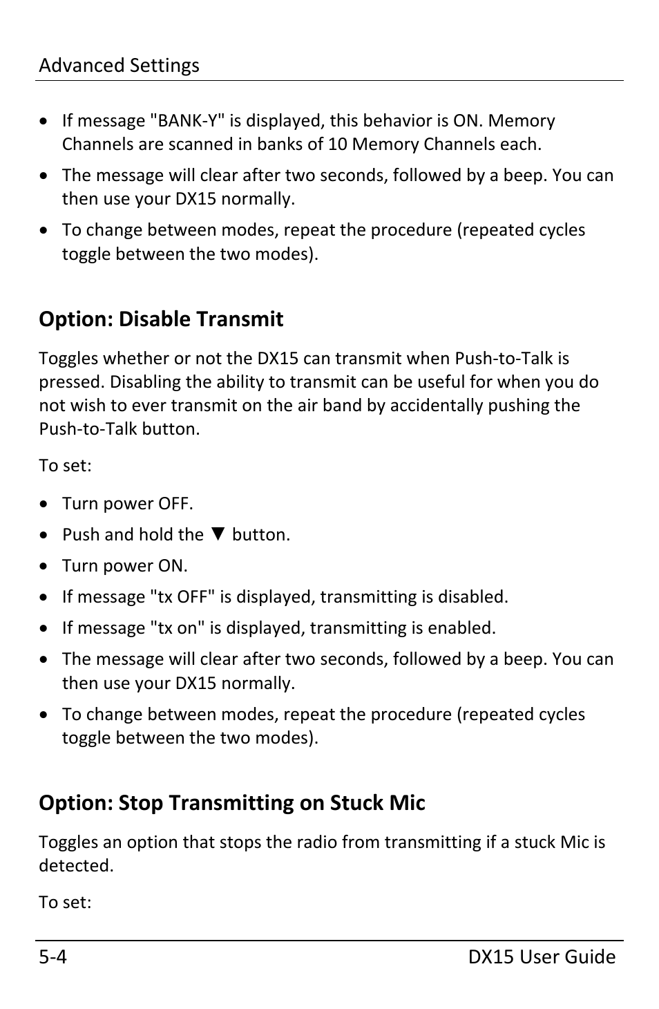 Option: disable transmit, Option: stop transmitting on stuck mic, Option: disable transmit ‐4 | Option: stop transmitting on stuck mic ‐4 | Dynon Avionics DX15 User Manual | Page 36 / 51