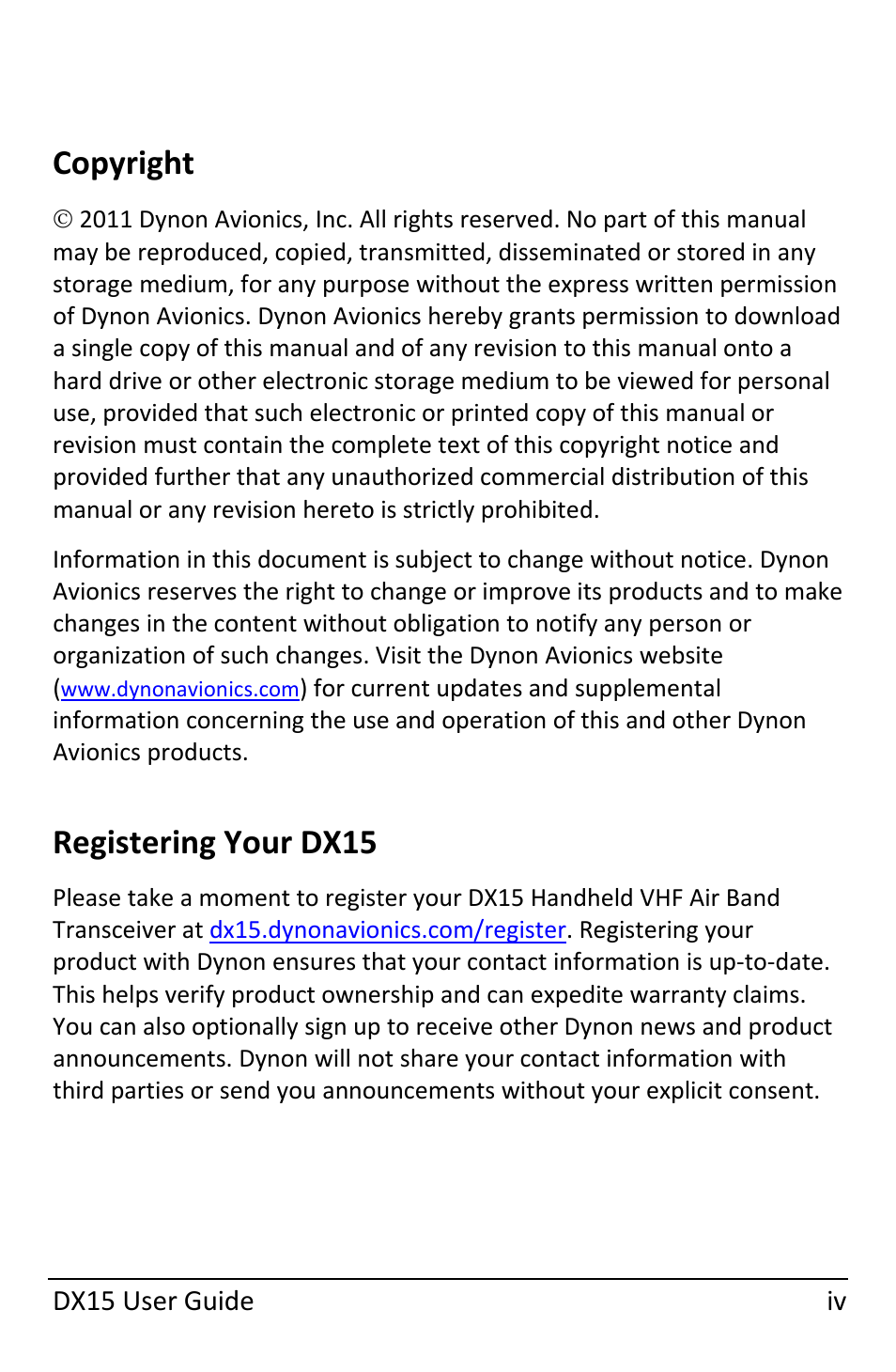 Copyright, Registering your dx15 | Dynon Avionics DX15 User Manual | Page 4 / 51