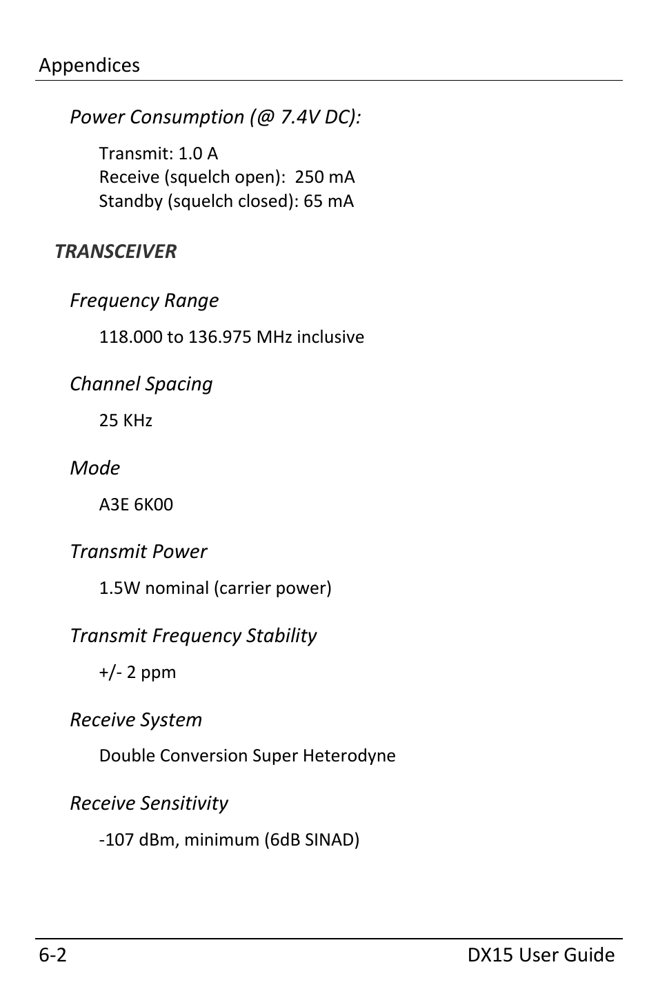 Power consumption (@ 7.4v dc), Transceiver, Frequency range | Channel spacing, Mode, Transmit power, Transmit frequency stability, Receive system, Receive sensitivity | Dynon Avionics DX15 User Manual | Page 40 / 51