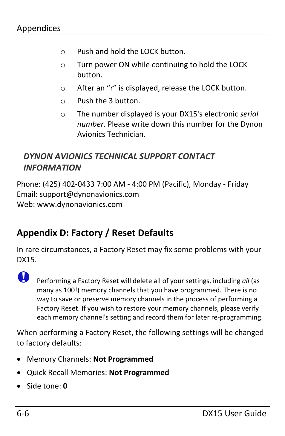 Appendix d: factory / reset defaults, Appendix d: factory / reset defaults ‐6 | Dynon Avionics DX15 User Manual | Page 44 / 51