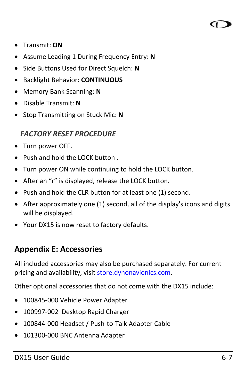 Factory reset procedure, Appendix e: accessories, Appendix e: accessories ‐7 | Dynon Avionics DX15 User Manual | Page 45 / 51