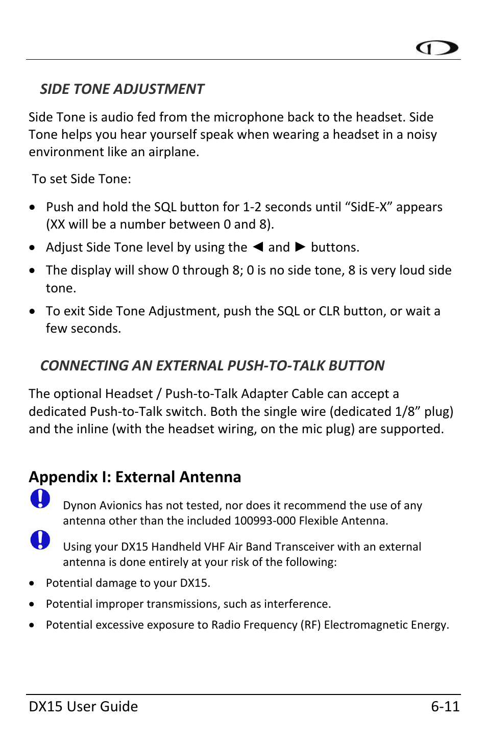 Side tone adjustment, Connecting an external push-to-talk button, Appendix i: external antenna | Appendix i: external antenna ‐11 | Dynon Avionics DX15 User Manual | Page 49 / 51