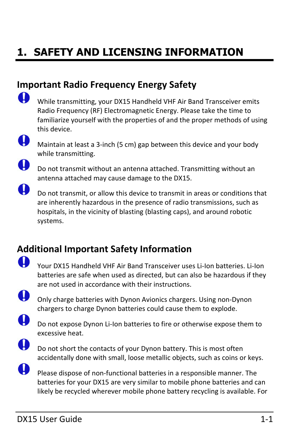 Safety and licensing information, Important radio frequency energy safety, Additional important safety information | Important radio frequency energy safety ‐1, Additional important safety information ‐1 | Dynon Avionics DX15 User Manual | Page 9 / 51