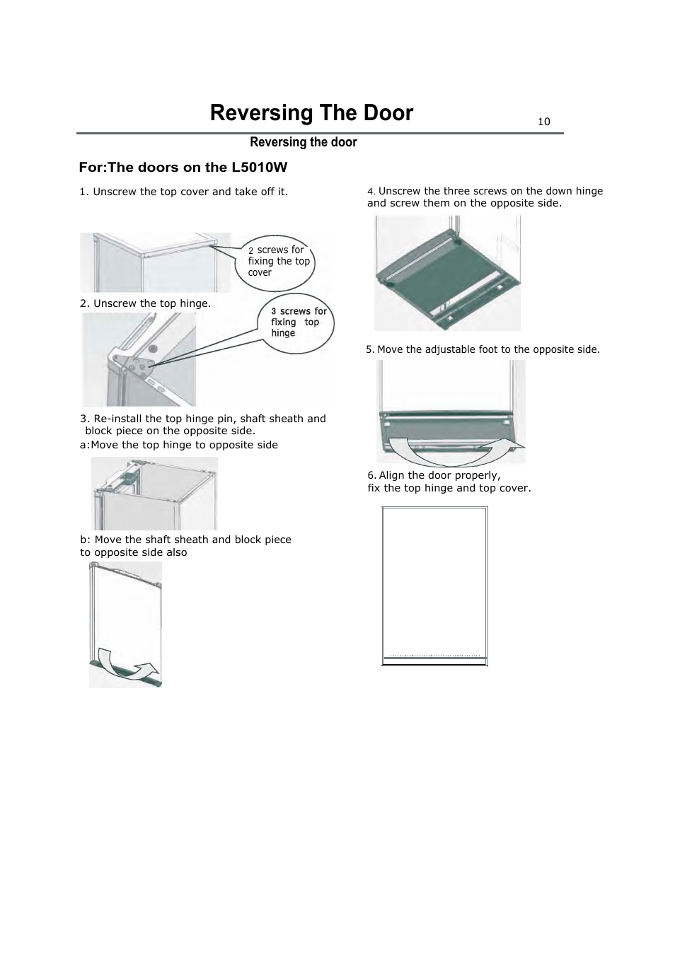 Reversing the door, Reversing the door for:the doors on the l5010w | Lec L5510W/S/B User Manual | Page 13 / 17