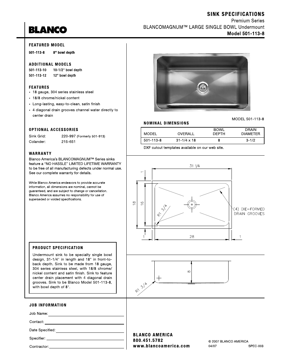 Blanco 501-113-8 User Manual | 1 page