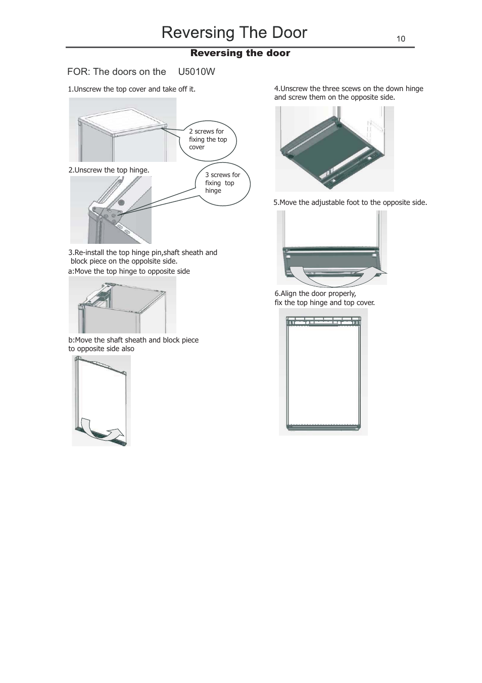 For: the doors on the u5010w, Reversing the door | Lec U5010W User Manual | Page 13 / 16