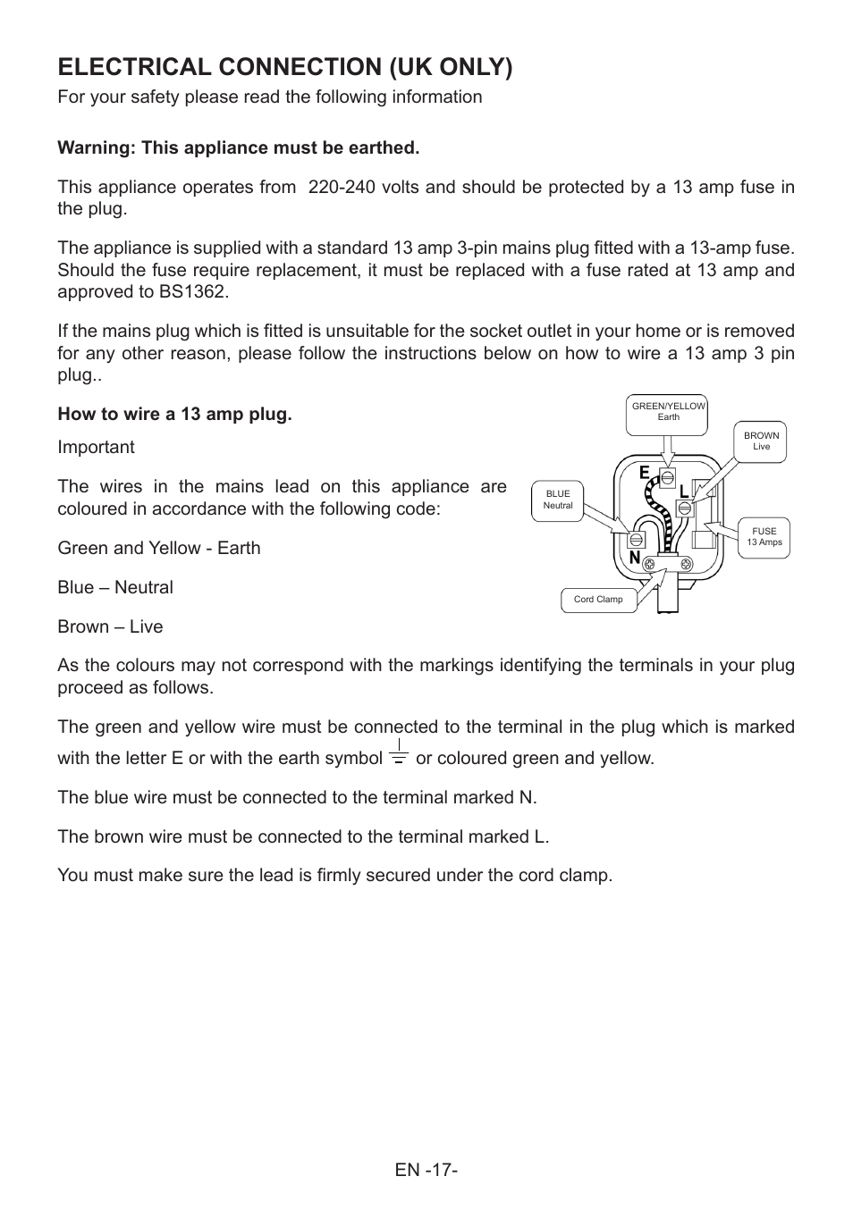 Electrical connection (uk only) | Lec U50262W User Manual | Page 19 / 20