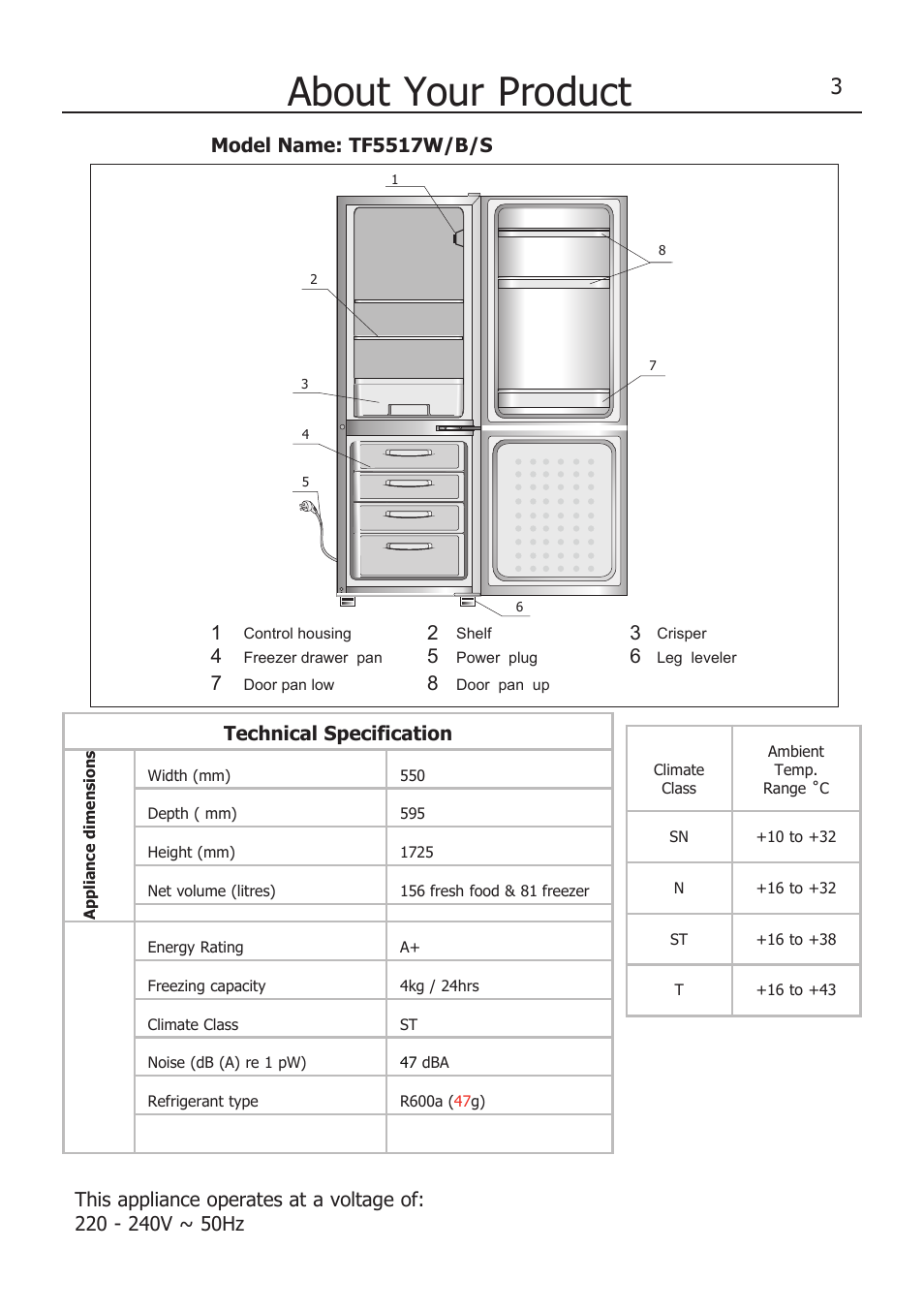 About your product, Model name: tf5517w/b/s, Technical specification | Lec TF5517W/B/S User Manual | Page 7 / 17
