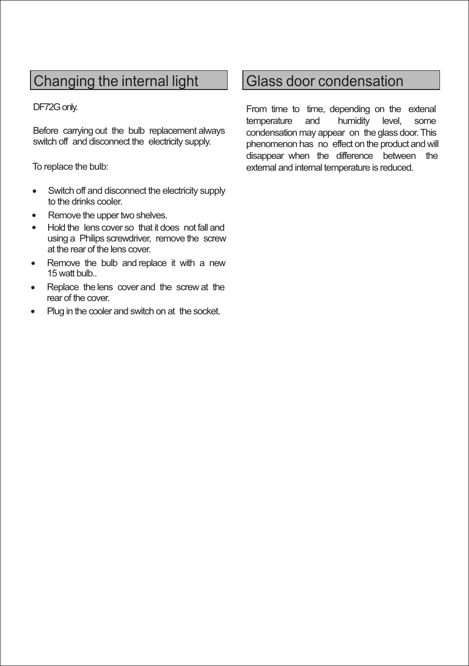 Lec df50g df50gc (ce-jc50g)说明书4.pdf, Changing the internal light, Glass door condensation | Lec DF72 User Manual | Page 7 / 14