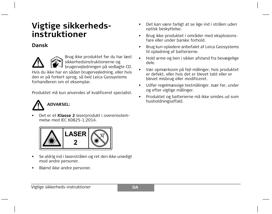 Vigtige sikkerheds- instruktioner, Laser | Leica Geosystems Laser class 2 products - Safety Manual User Manual | Page 10 / 32