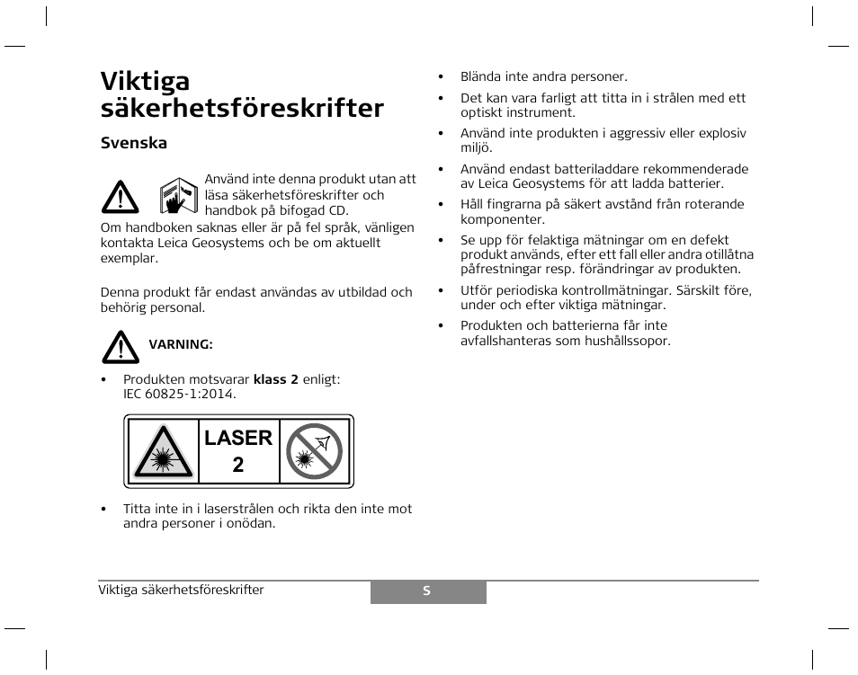 Viktiga säkerhetsföreskrifter, Laser | Leica Geosystems Laser class 2 products - Safety Manual User Manual | Page 11 / 32
