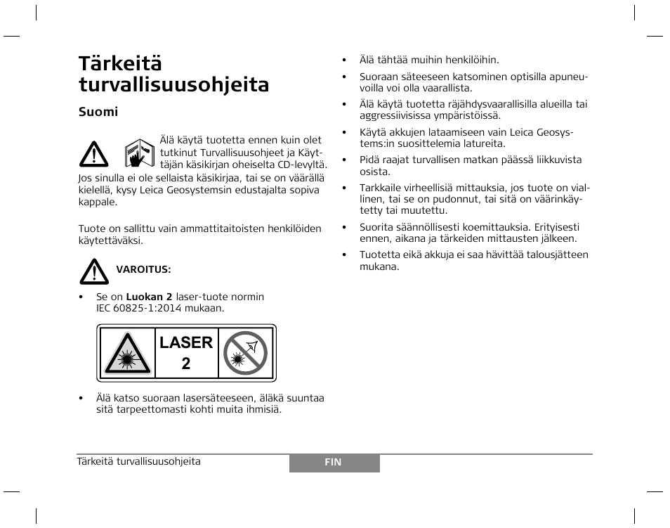 Tärkeitä turvallisuusohjeita, Laser | Leica Geosystems Laser class 2 products - Safety Manual User Manual | Page 13 / 32