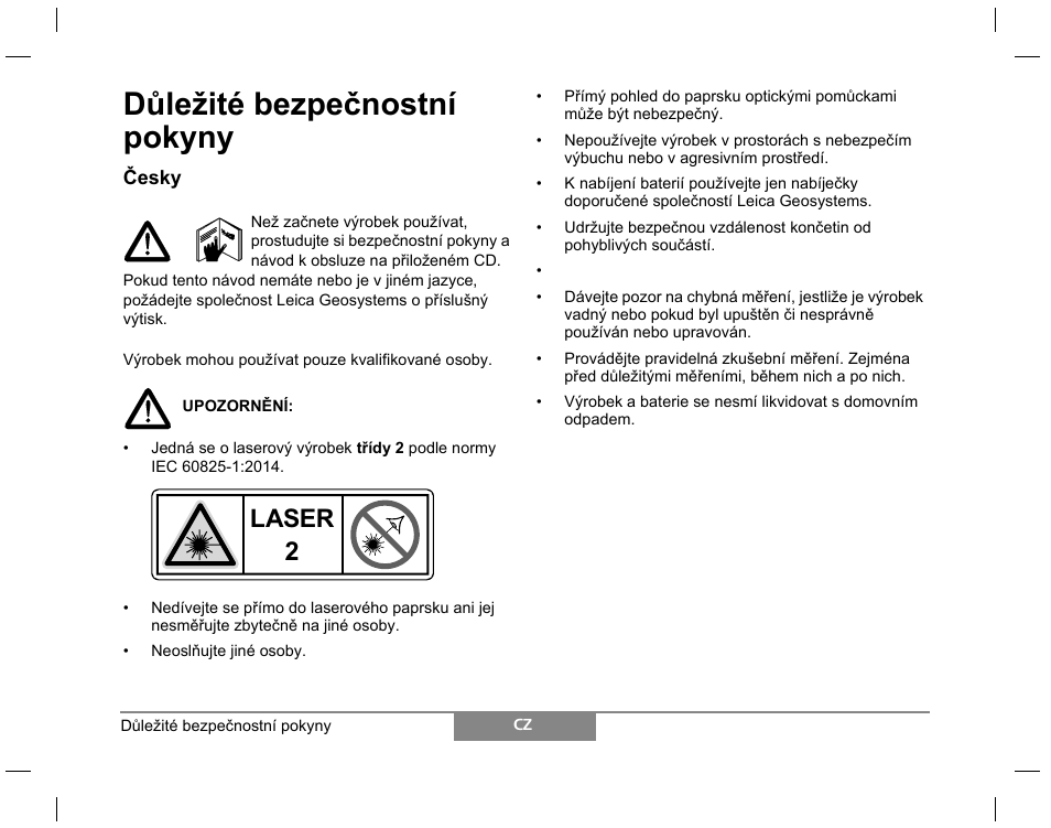 Důležité bezpečnostní pokyny, Laser | Leica Geosystems Laser class 2 products - Safety Manual User Manual | Page 21 / 32