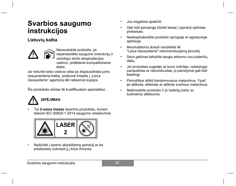Svarbios saugumo instrukcijos, Laser | Leica Geosystems Laser class 2 products - Safety Manual User Manual | Page 23 / 32