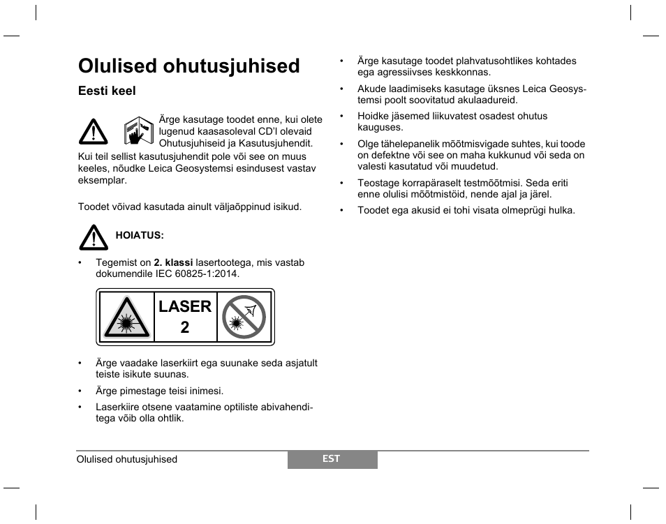 Olulised ohutusjuhised, Laser | Leica Geosystems Laser class 2 products - Safety Manual User Manual | Page 25 / 32