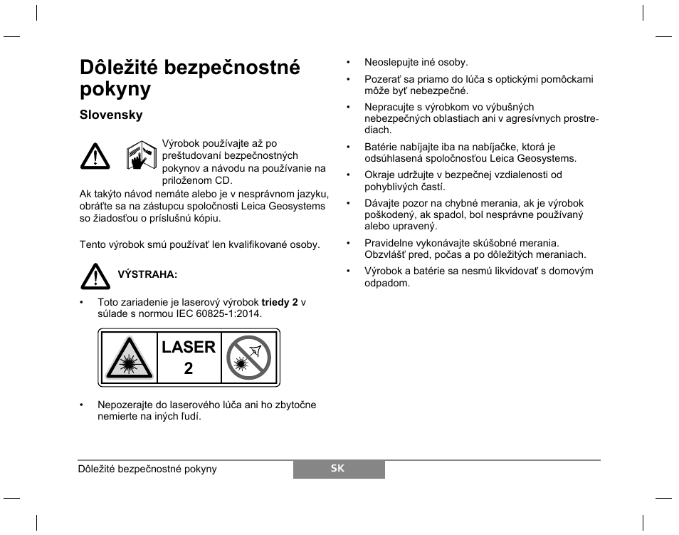 Dôležité bezpečnostné pokyny, Laser | Leica Geosystems Laser class 2 products - Safety Manual User Manual | Page 27 / 32